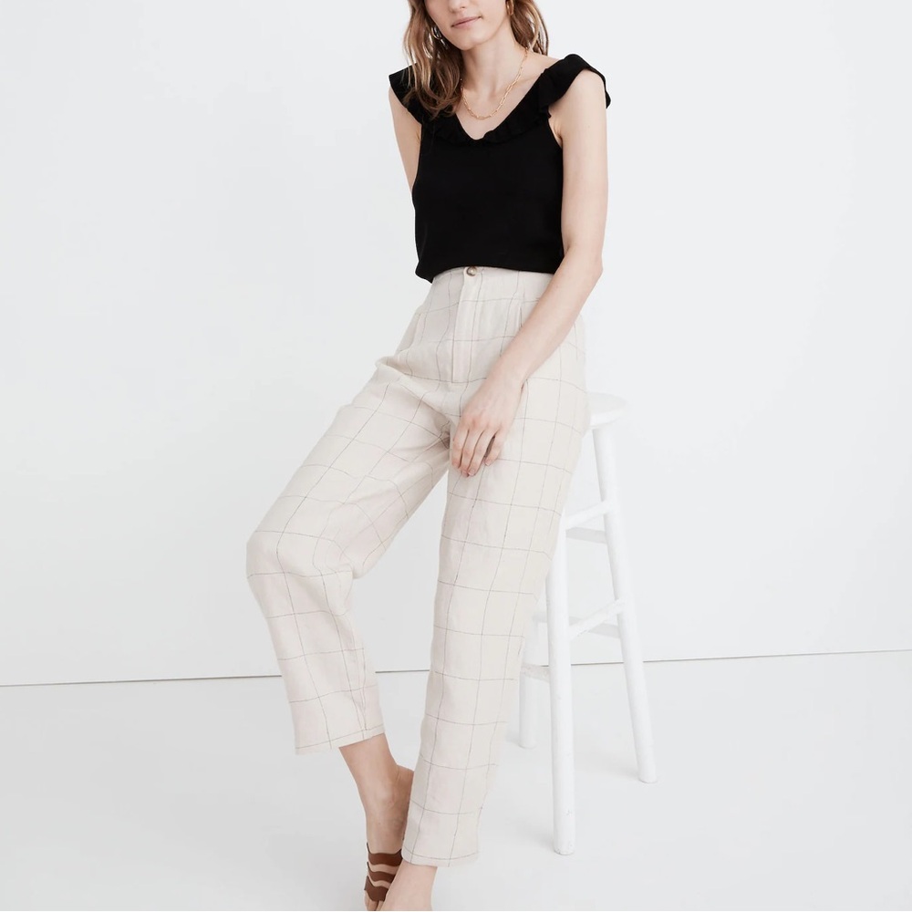 Madewell Linen Pleated Taper‎ Wide-Leg Pants in Windowpane